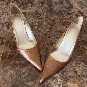 Nine West Hendleo Vintage Tan Croc-embossed Leather Pointy Toe Heels, Sz 6.5M